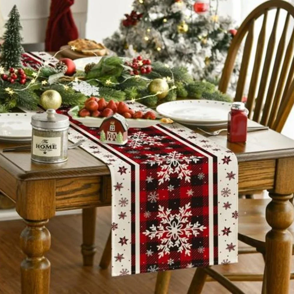 Christmas Table Runner Plaid Snowflake Decor Winter Decoration Decorative Cloth